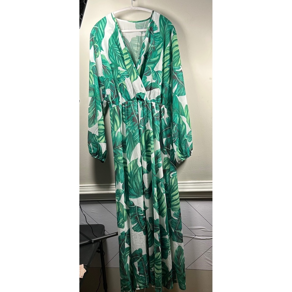 Maxi Dress Womens OS Green White Modern Tropical Cruise Wrap beach resort